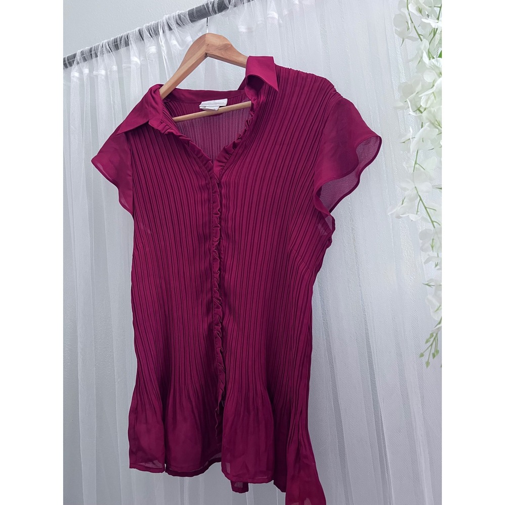 Worthington Woman Berry Pink Pleated Ruffle Button Front Blouse Plus 1X Flutter